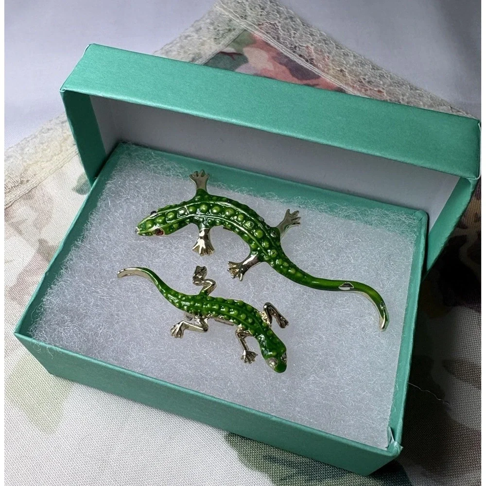 Vintage 80s Green Enamel Lizard Gecko Brooch Pin Set 2pc Mother Baby Reptile